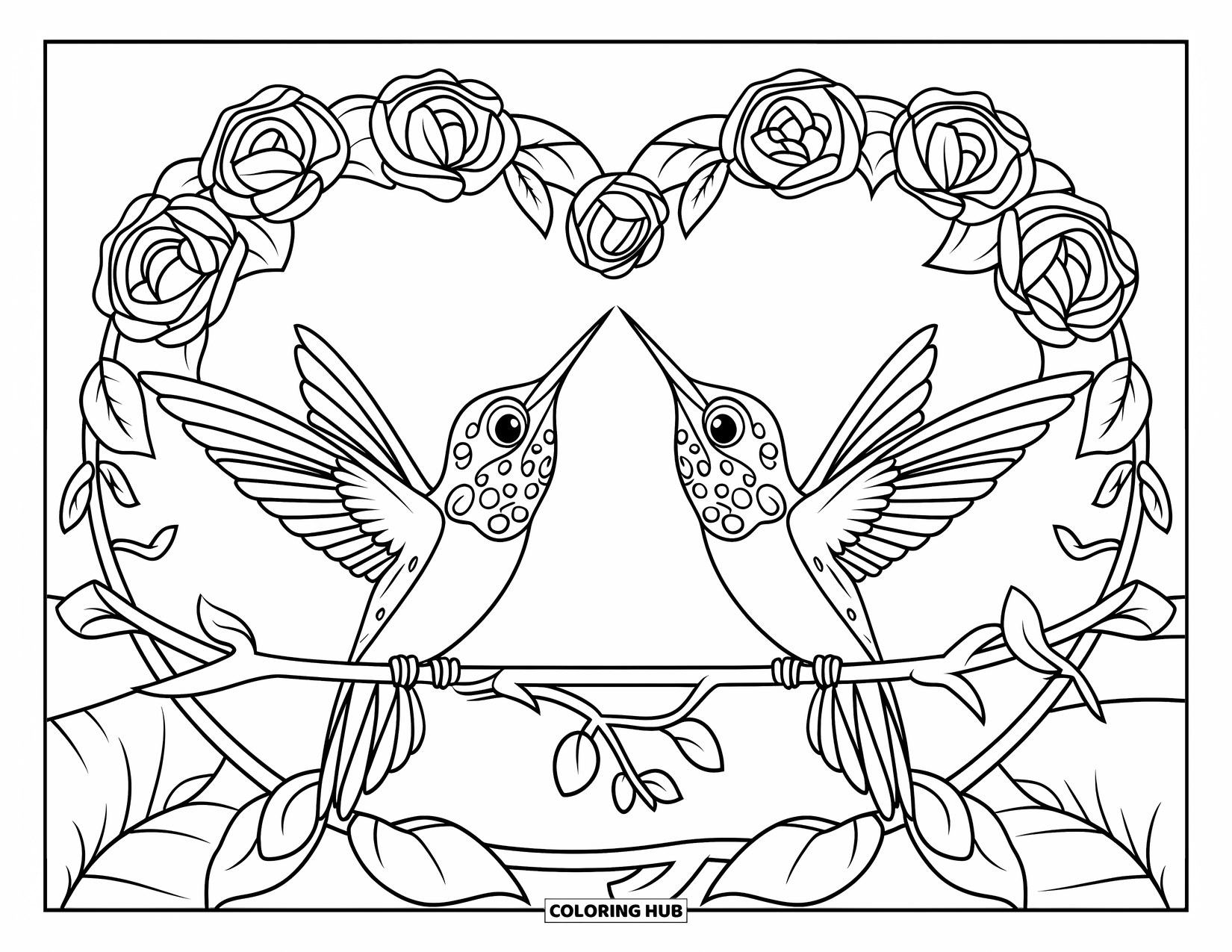 Disegno di colibrì da colorare per bambini: Colibrì appollaiati su un ramo sopra un arco a forma di cuore pieno di rose