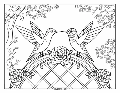 Hummingbird Coloring Page for Kids: Hummingbirds rest on a curved branch above a rose arch with leafy trees behind