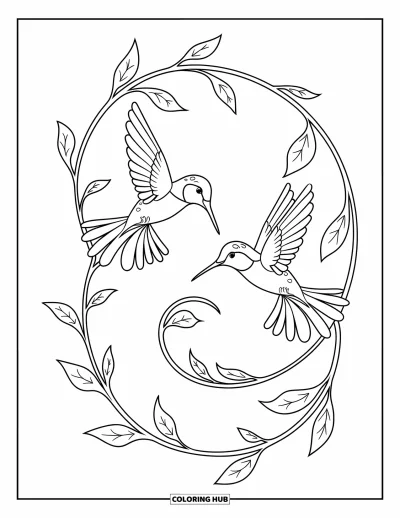 Hummingbird Coloring Page for Kids: Two hummingbirds swirl around a spiral vine covered in leaves and little buds
