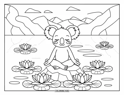 Coloriage de koalas pour adultes : Un koala calme médite près d’un lac reflétant, entouré de lotus et de douces vues de montagnes