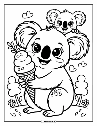Coloriage de koalas pour adultes : Un koala joyeux tient un grand cornet de glace pendant qu’un bébé koala tente de l’attraper avec malice