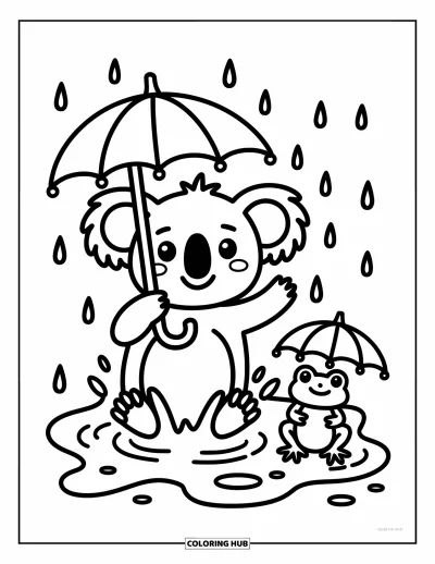 Coloriage de koalas pour adultes : Un koala joyeux éclabousse dans une flaque en tenant un parapluie en feuille, avec une grenouille à ses côtés