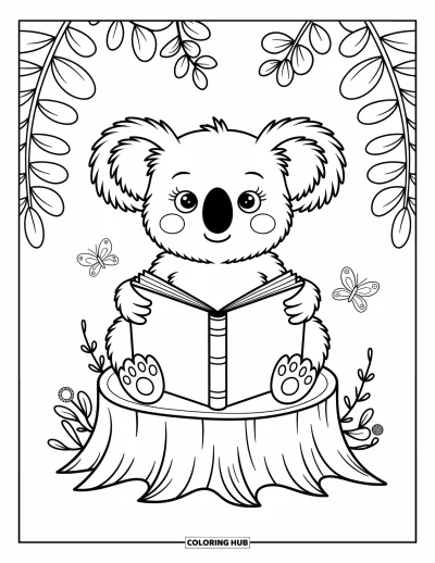 Coloriage de koalas pour adultes : Un koala paisible est assis sur une souche et lit un livre, entouré de petits amis de la forêt