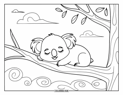 Coloriage de koalas pour adultes : Un koala paisible dort sur une branche, avec des nuages doux et de délicats motifs en arrière-plan