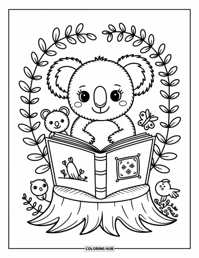 Coloriage de koalas pour adultes : Un koala curieux feuillette un livre pendant qu’un wombat, un oiseau et un papillon l’observent à proximité