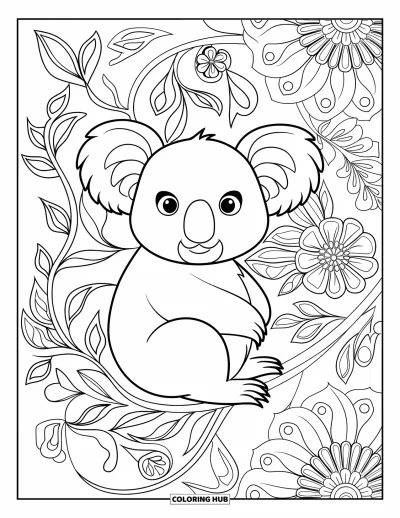 Coloriage de koalas pour adultes : Un koala détaillé est niché dans des fleurs mandala tourbillonnantes, reposant calmement sur une branche artistique