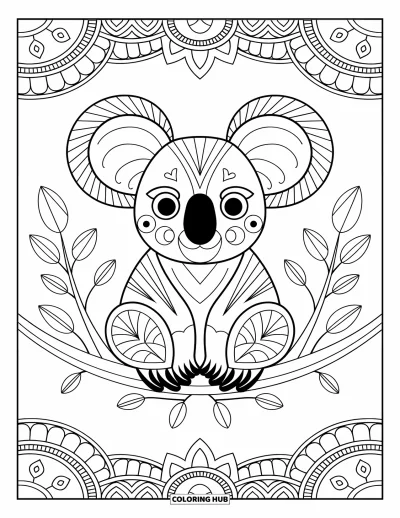 Coloriage de koalas pour adultes : Un koala détaillé avec des motifs symétriques et des dessins floraux en volutes est assis paisiblement sur une branche