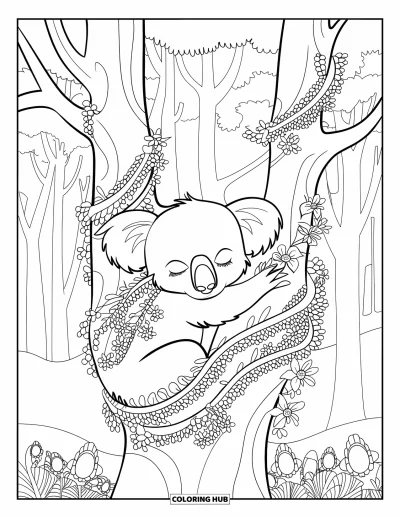 Coloriage de koalas pour adultes : Un koala assoupi se niche parmi des fleurs et des lianes, se fondant dans une forêt luxuriante et artistique