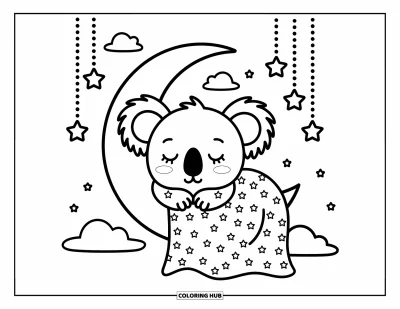 Coloriage de koalas pour adultes : Un koala rêveur dort sur un croissant de lune, entouré de nuages moelleux et d’étoiles scintillantes