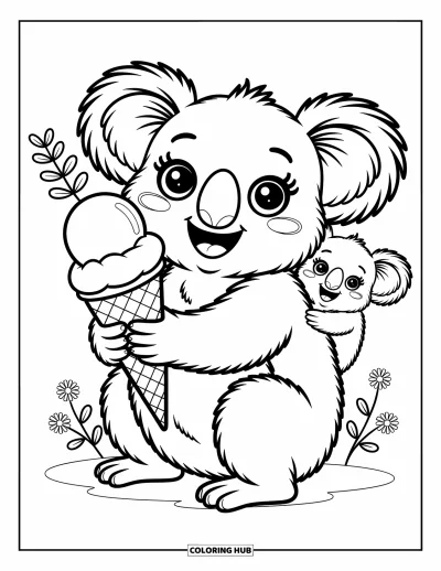Coloriage de koalas pour adultes : Un koala heureux savoure un cornet de glace pendant qu’un bébé koala regarde avec enthousiasme derrière lui