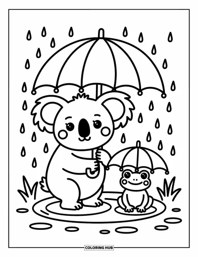 Coloriage de koalas pour adultes : Un koala heureux tient un parapluie en feuille et saute dans une flaque pendant que la pluie tombe autour de lui