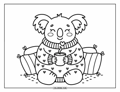 Coloriage de koalas pour adultes : Un koala heureux portant un pull à motif de feuilles savoure une boisson chaude dans un décor accueillant