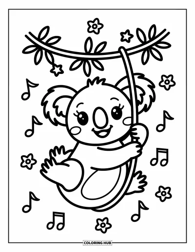 Coloriage de koalas pour adultes : Un koala heureux se balance sur une liane couverte de fleurs, les jambes dans le vide, avec des notes de musique tout près