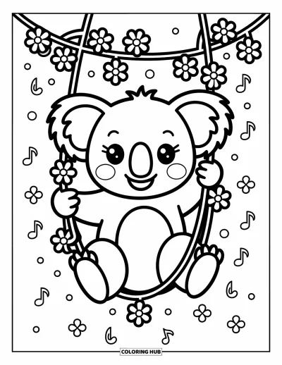 Coloriage de koalas pour adultes : Un koala joyeux se balance à une liane, entouré de petites fleurs et de notes de musique flottantes