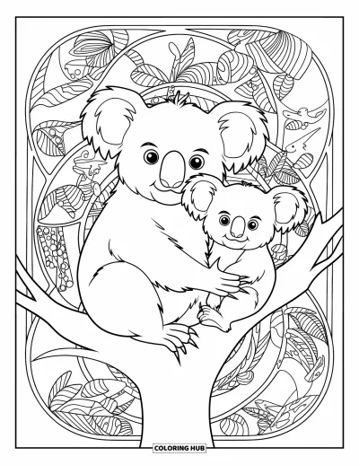 Coloriage de koalas pour adultes : Un koala berce son bébé, entouré de feuilles détaillées, de fleurs et de motifs élégants inspirés de la nature