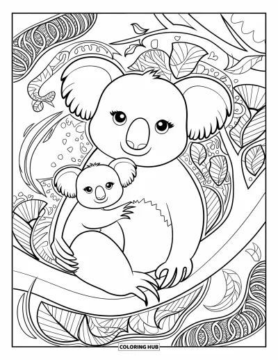 Coloriage de koalas pour adultes : Un koala câline son bébé sur une branche, encadré de lianes en volutes et de motifs floraux