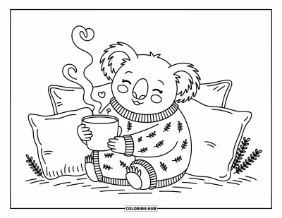 Coloriage de koalas pour adultes : Un koala en pull moelleux serre une boisson chaude, dont la vapeur forme un cœur