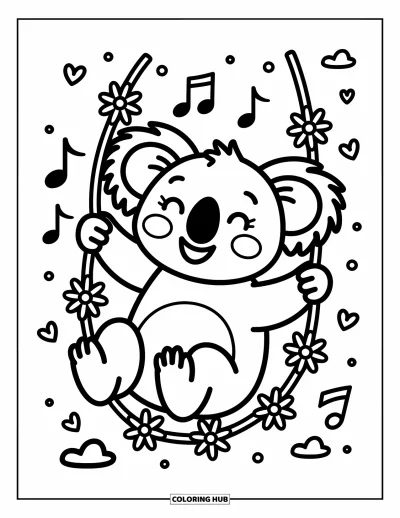 Coloriage de koalas pour adultes : Un koala se balance joyeusement à une liane, avec de petites fleurs et des notes de musique qui ajoutent de la gaieté