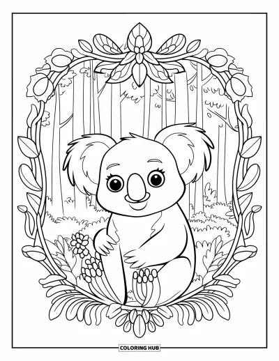 Coloriage de koalas pour adultes : Un koala est perché sur une branche à l’intérieur d’un cadre nature détaillé de feuilles, de fleurs et de motifs