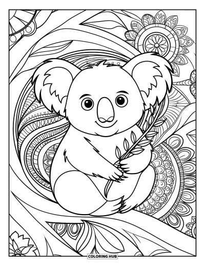 Coloriage de koalas pour adultes : Un koala est assis parmi des motifs mandala floraux en volutes, tenant une branche dans ses petites pattes