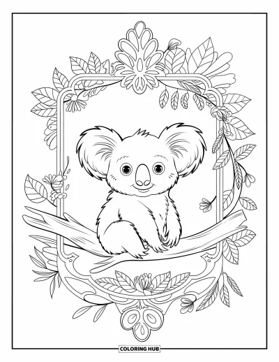 Coloriage de koalas pour adultes : Un koala est assis dans un cadre nature ornementé rempli de feuilles, de fleurs et de lianes détaillées