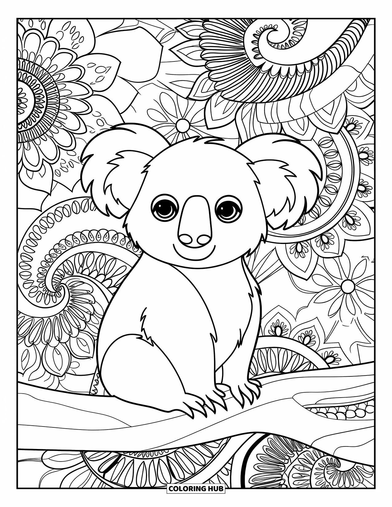 Koala Kleurplaat voor Volwassenen: Een koala zit op een tak, omarmd door een ingewikkelde mix van bloemen- en mandala-geïnspireerde patronen