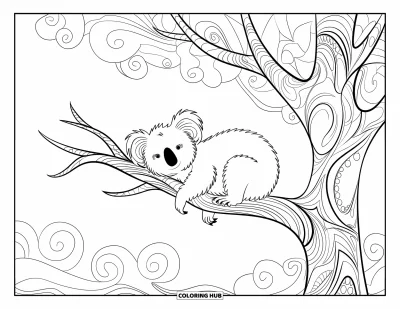 Coloriage de koalas pour adultes : Un koala dort sur une branche, entouré de nuages artistiques en volutes et de motifs complexes