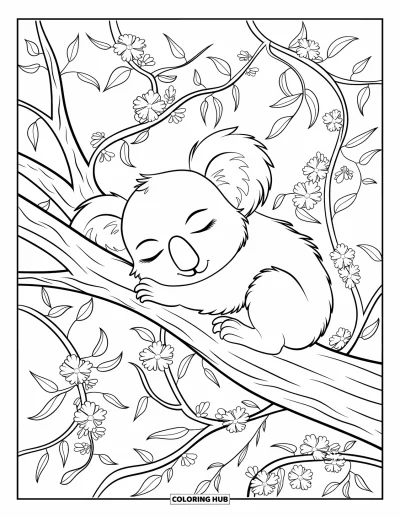 Coloriage de koalas pour adultes : Un koala dort paisiblement sur une branche, entouré de lianes détaillées et de motifs floraux