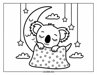 Coloriage de koalas pour adultes : Un koala se blottit dans une couverture étoilée et se repose paisiblement sur un croissant de lune