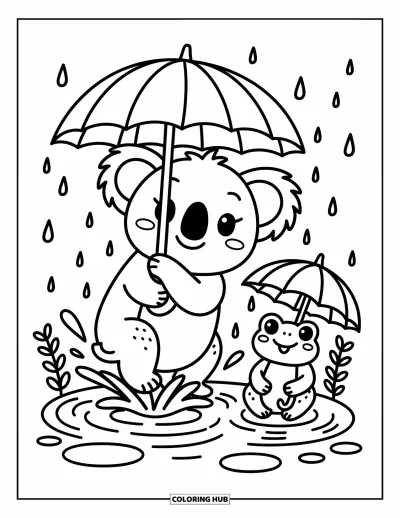 Coloriage de koalas pour adultes : Un koala fait tournoyer un parapluie en feuille d’eucalyptus pendant qu’une petite grenouille est assise sous son propre parapluie