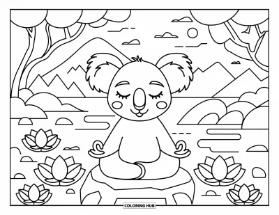 Coloriage de koalas pour adultes : Un koala en méditation est assis calmement sur un rocher, entouré de fleurs de lotus et d’eaux paisibles