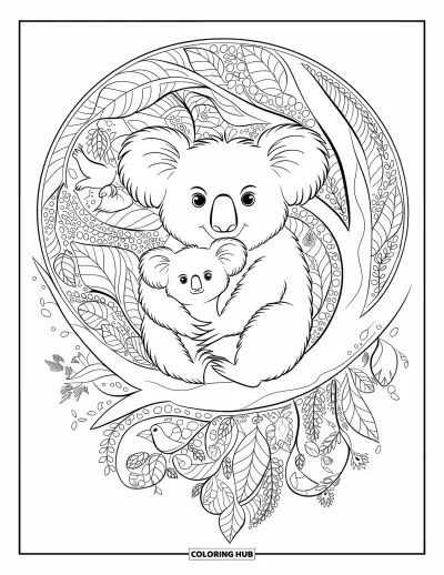 Coloriage de koalas pour adultes : Une maman koala et son bébé sont assis dans un décor détaillé, encadrés de motifs floraux et feuillus artistiques