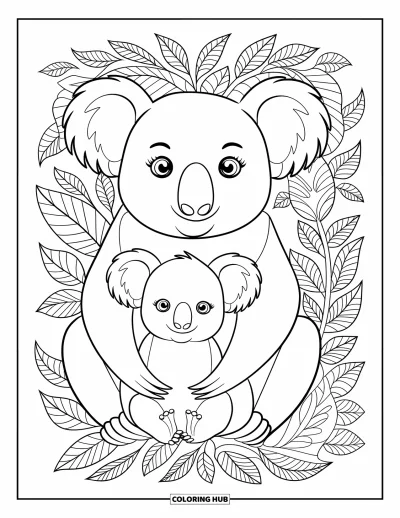 Coloriage de koalas pour adultes : Une maman koala serre son bébé contre elle, entourée de motifs détaillés de feuilles et de branches