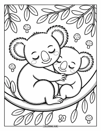 Coloriage de koalas pour adultes : Une paire de koalas fait la sieste ensemble sur une branche, blottie parmi des feuilles douces et des fleurs