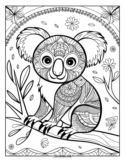 Coloriage de koalas pour adultes : Un koala à motifs est assis paisiblement sur une branche, rempli de détails floraux et géométriques de style zentangle