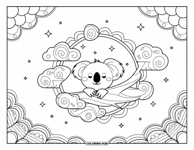 Coloriage de koalas pour adultes : Un koala paisible fait la sieste sur une branche, enveloppé de nuages en volutes légères et de petites étoiles délicates