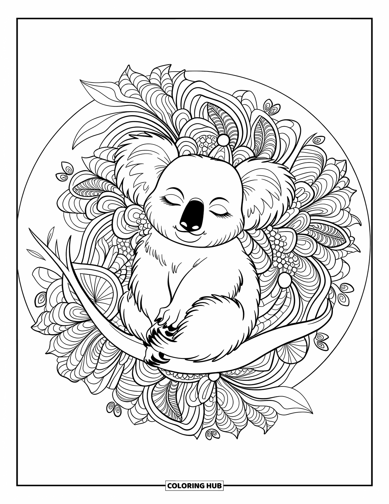 Koala Kleurplaat voor Volwassenen: Een vredige koala zit op een tak, omringd door ingewikkelde bloemen- en wervelende mandala patronen