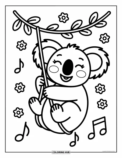 Coloriage de koalas pour adultes : Un koala joueur fredonne un air en se balançant à une liane entourée de petites fleurs