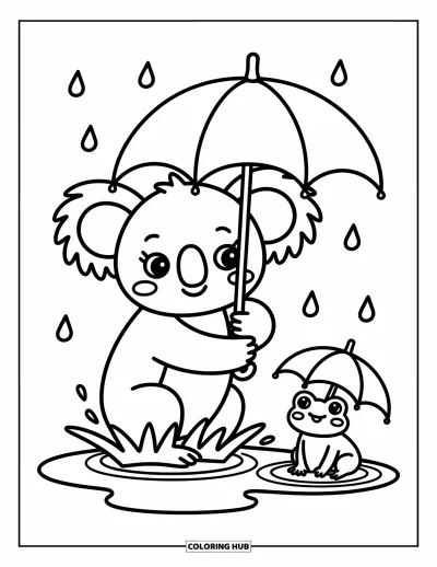 Coloriage de koalas pour adultes : Un koala joueur fait tournoyer un parapluie d’eucalyptus en éclaboussant dans une flaque avec une petite grenouille