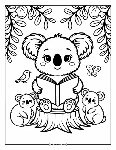 Coloriage de koalas pour adultes : Un koala lecteur est assis sur une souche, avec un wombat, un oiseau et un papillon à proximité