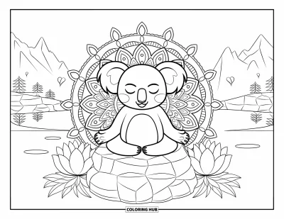 Coloriage de koalas pour adultes : Un koala détendu est assis sur un rocher, méditant paisiblement avec des lotus et un lac tranquille