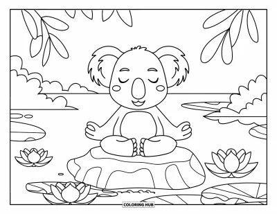 Coloriage de koalas pour adultes : Un koala serein en posture de méditation est assis parmi des lotus, avec des montagnes et des arbres derrière
