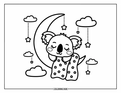 Coloriage de koalas pour adultes : Un koala endormi se blottit dans une couverture réconfortante en se reposant sur un croissant de lune lumineux