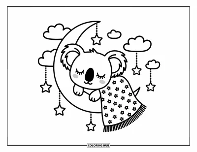 Coloriage de koalas pour adultes : Un koala endormi fait la sieste sur un croissant de lune, enveloppé dans une couverture étoilée avec des nuages flottants