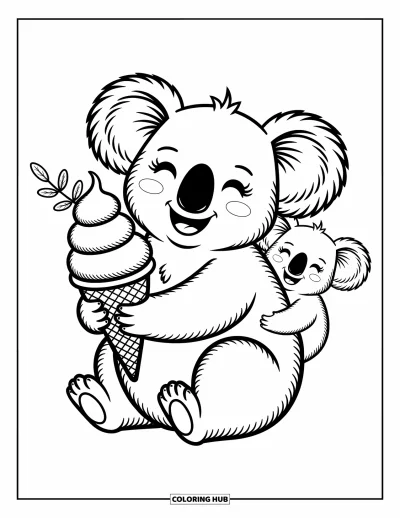 Coloriage de koalas pour adultes : Un koala souriant tient un cornet de glace, tandis qu’un tout petit koala tend la patte pour goûter
