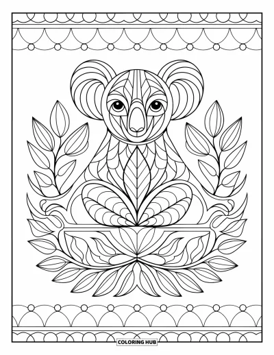 Coloriage de koalas pour adultes : Un koala stylisé aux motifs géométriques et floraux est assis dans un design équilibré et symétrique