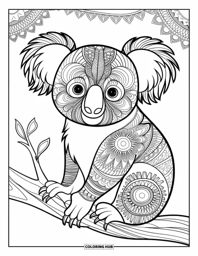 Coloriage de koalas pour adultes : Un koala stylisé avec un pelage zentangle détaillé est assis sur une branche dans une forêt minutieuse