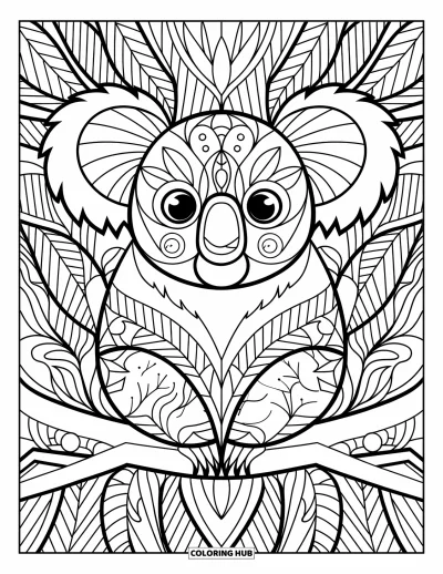 Coloriage de koalas pour adultes : Un design symétrique de koala présente des feuilles complexes, des détails géométriques et des motifs élégants