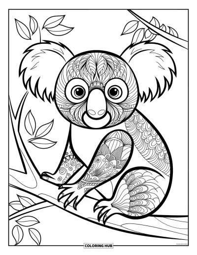 Coloriage de koalas pour adultes : Un koala style zentangle est assis sur une branche, entouré de feuilles tourbillonnantes et de motifs floraux