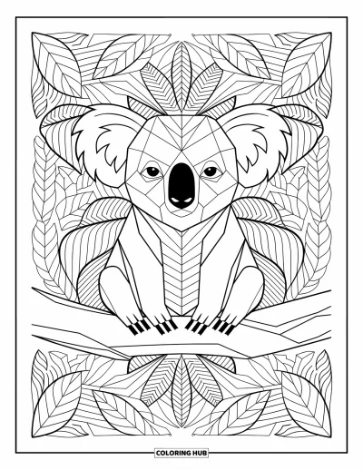 Coloriage de koalas pour adultes : Un koala ornemental au design symétrique de feuilles et de formes géométriques repose dans un motif élégant